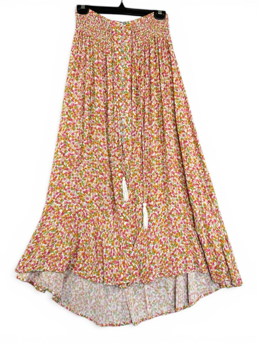 Rachel Zoe Floral Boho Maxi Skirt M Smocked Waist Button Front Slit Viscose - Picture 2 of 10